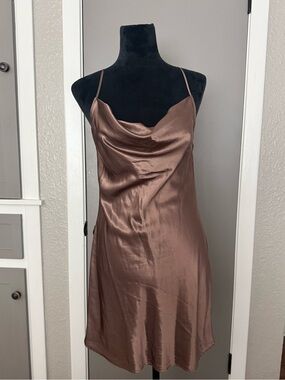 Source Unknown Satin Cowl Slip Dress in Brown